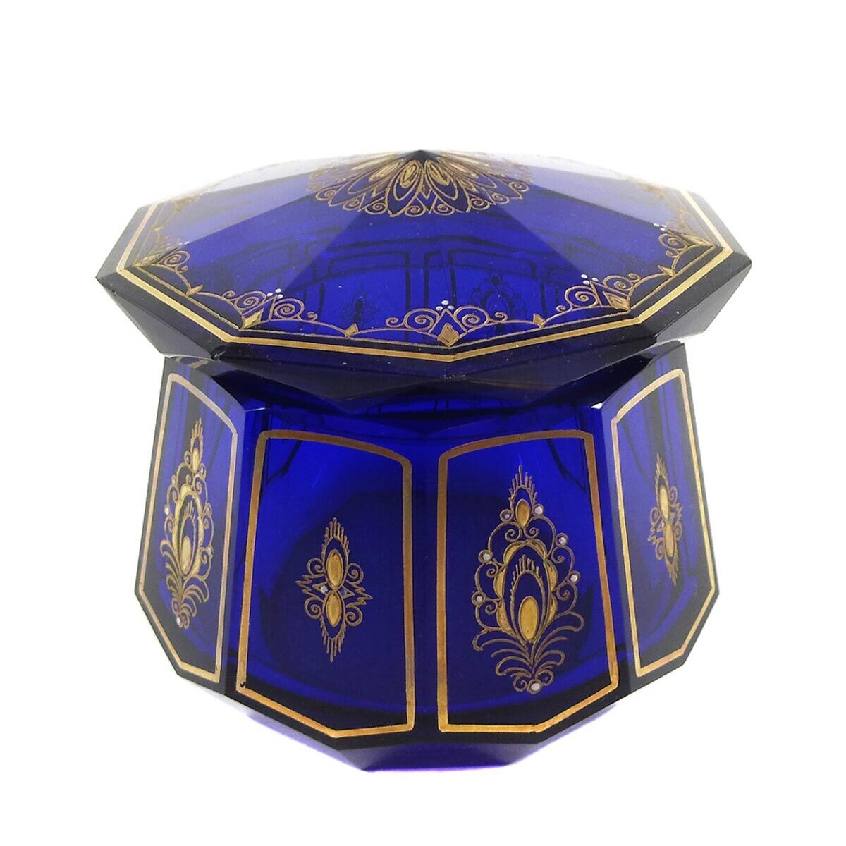 High-quality lidded box made of blue glass with gold etching, H. Eiselt, Steinschönau