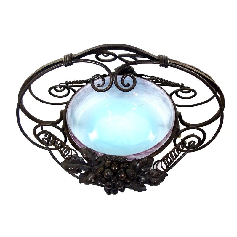 Art Deco glass bowl with wrought iron fittings, France around 1920