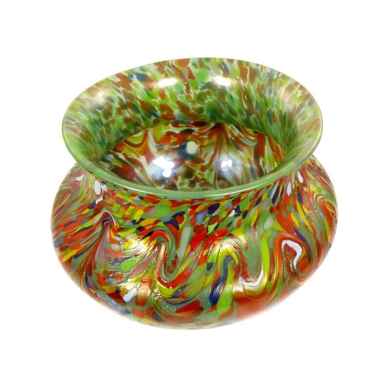 Vase made of light green opal glass with colorful crumb melting, Loetz around 1925.