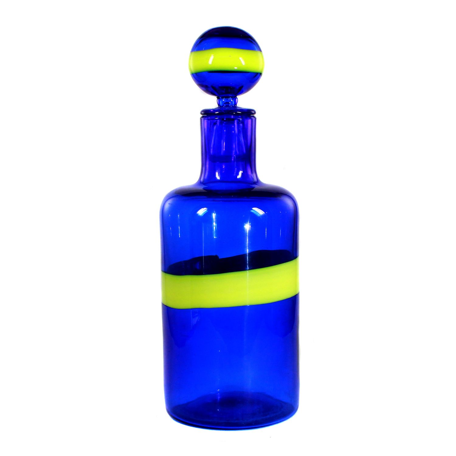 Bottle with stopper made of blue glass, signed Venini, design by Fulvio Bianconi
