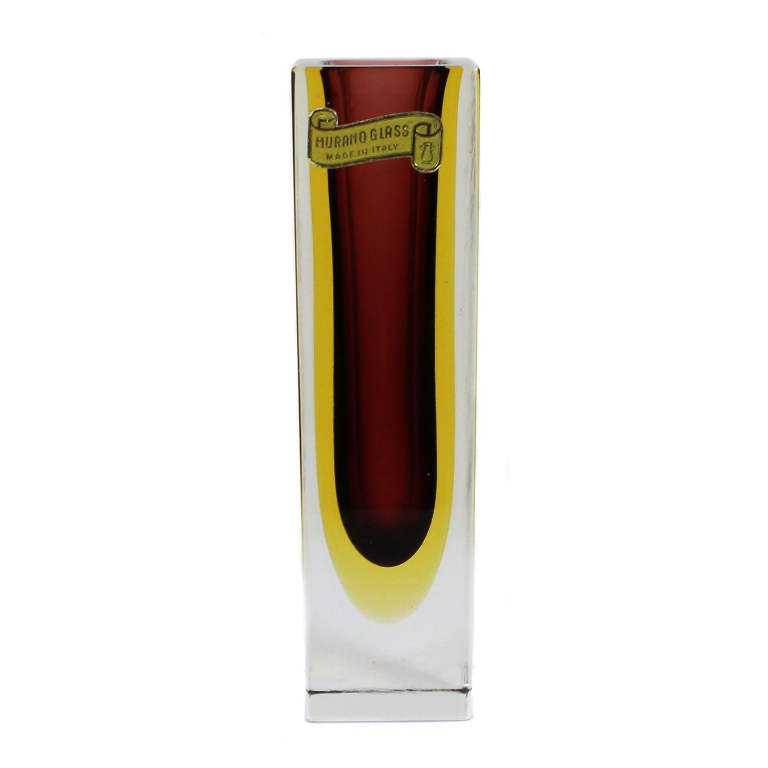 Block vase made of colorless glass with violet inner rim and yellow intermediate rim.