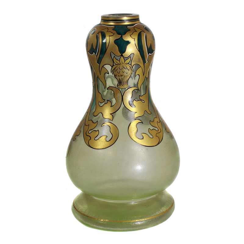 Vase made of light green uranium glass with gold painting, Fritz Heckert, decor Adolph Heyden