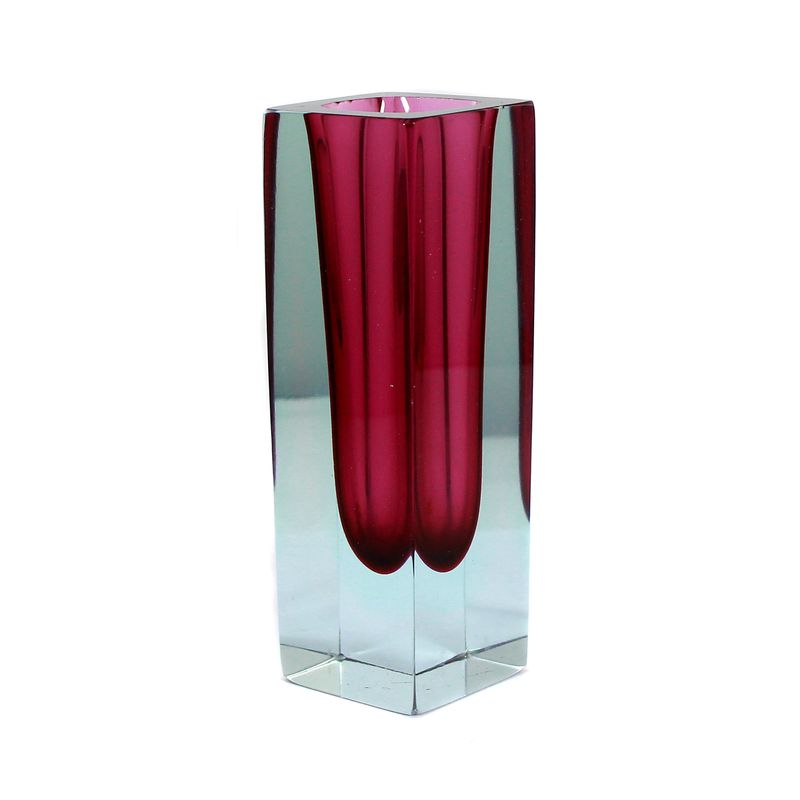 Block vase made of colorless glass with magenta inner rim and light blue intermediate rim