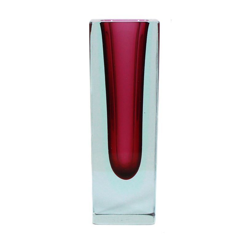 Block vase made of colorless glass with magenta inner rim and light blue intermediate rim