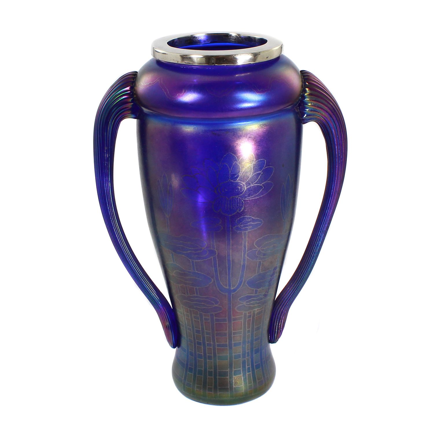 Art Nouveau vase with water lily decoration and silver fittings, Schliersee glassworks around 1900