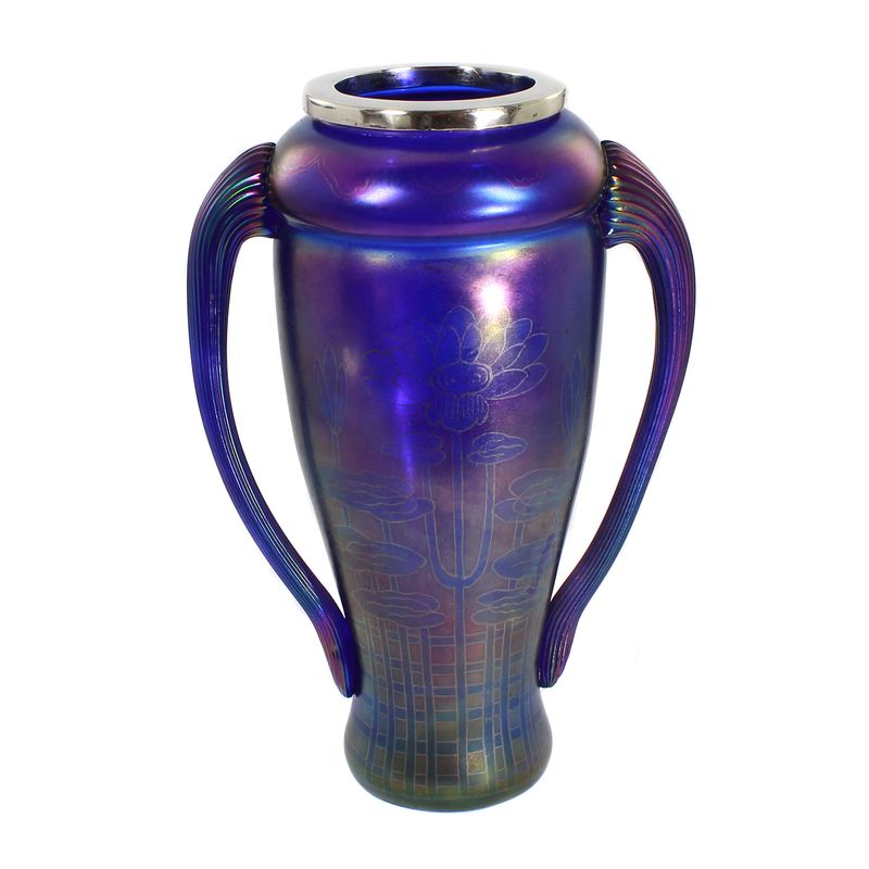 Art Nouveau vase with water lily decoration and silver fittings, Schliersee glassworks around 1900