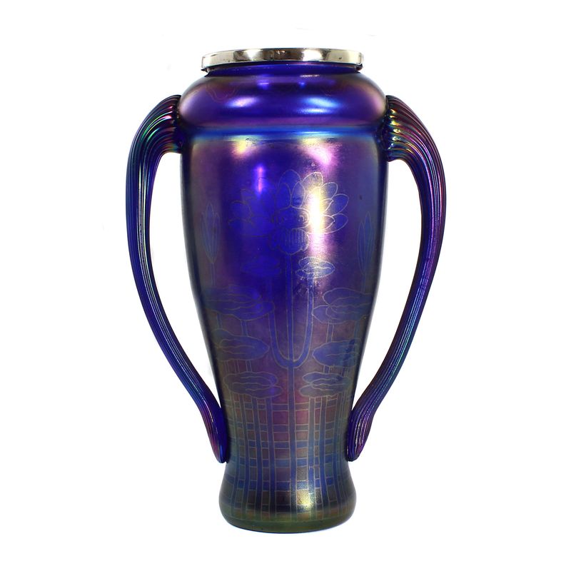 Art Nouveau vase with water lily decoration and silver fittings, Schliersee glassworks around 1900