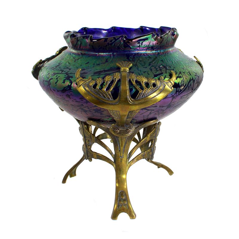 Vase with stick fragments in metal fitting, Fritz Heckert, designed by Thamm around 1902