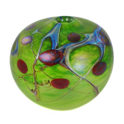 Spherical vase with fused-on paint flecks, signed Peter Layton 1983