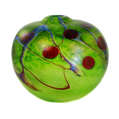 Spherical vase with fused-on paint flecks, signed Peter Layton 1983