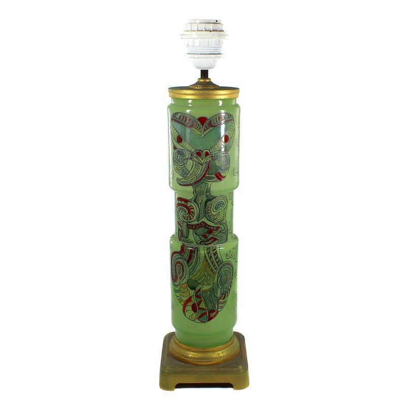 Murano lamp base with brass fittings, glass body with Maori motifs, around 1956