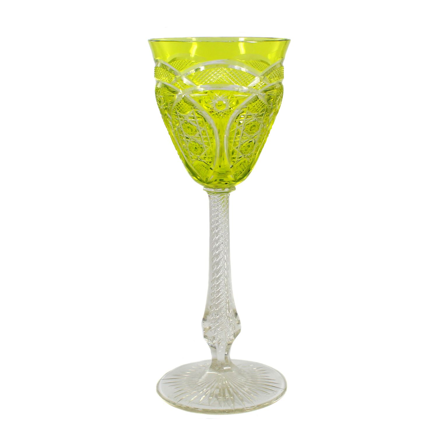 Stem glass with air spiral and greenish-yellow overlay, Josephinenhütte circa 1910-20
