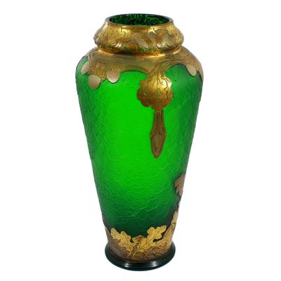 Vase aus grünem Glas mit Eichenlaub-Dekor, Legras &amp; Cie, Mont Joye, um 1900