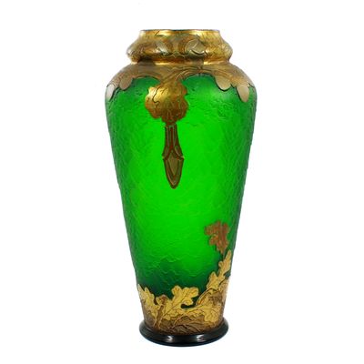 Vase aus grünem Glas mit Eichenlaub-Dekor, Legras &amp; Cie, Mont Joye, um 1900