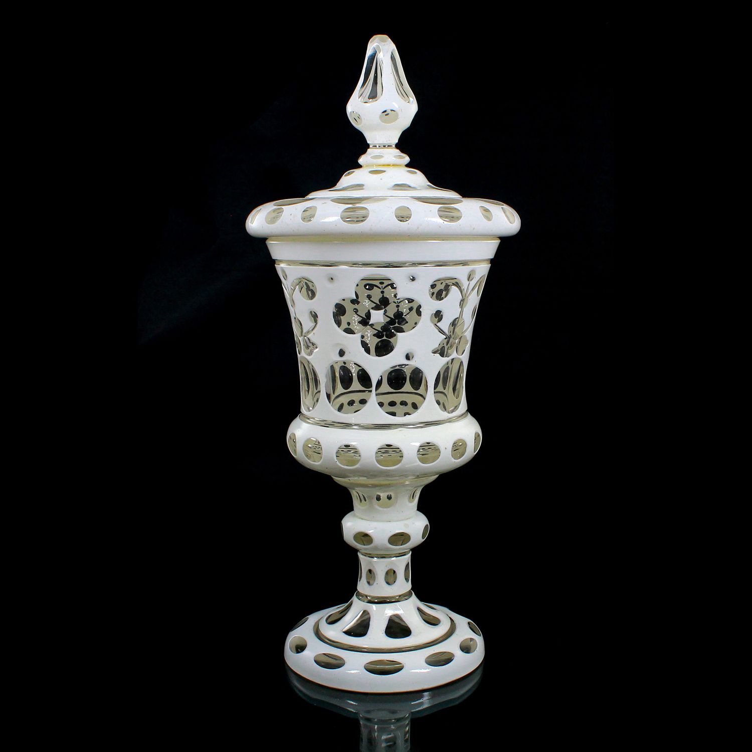 Covered goblet with tin enamel overlay and cut-through ornamentation, Bohemia, circa 1840