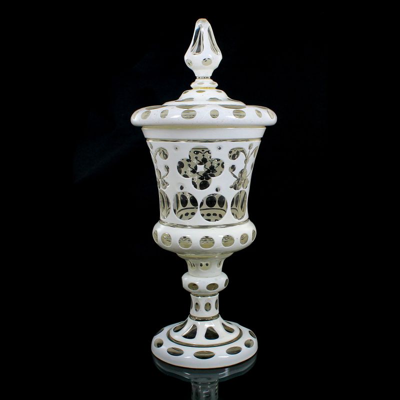 Covered goblet with tin enamel overlay and cut-through ornamentation, Bohemia, circa 1840
