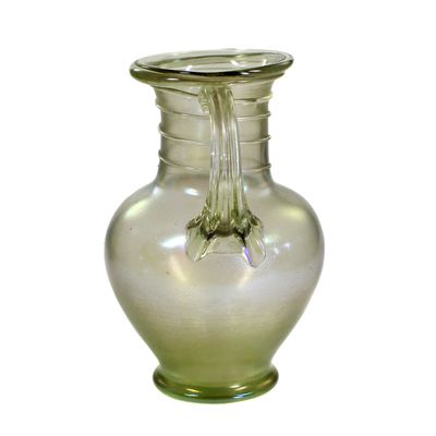 Small handled jug made of green glass with thread decoration, Josephinenhütte circa 1881-1900