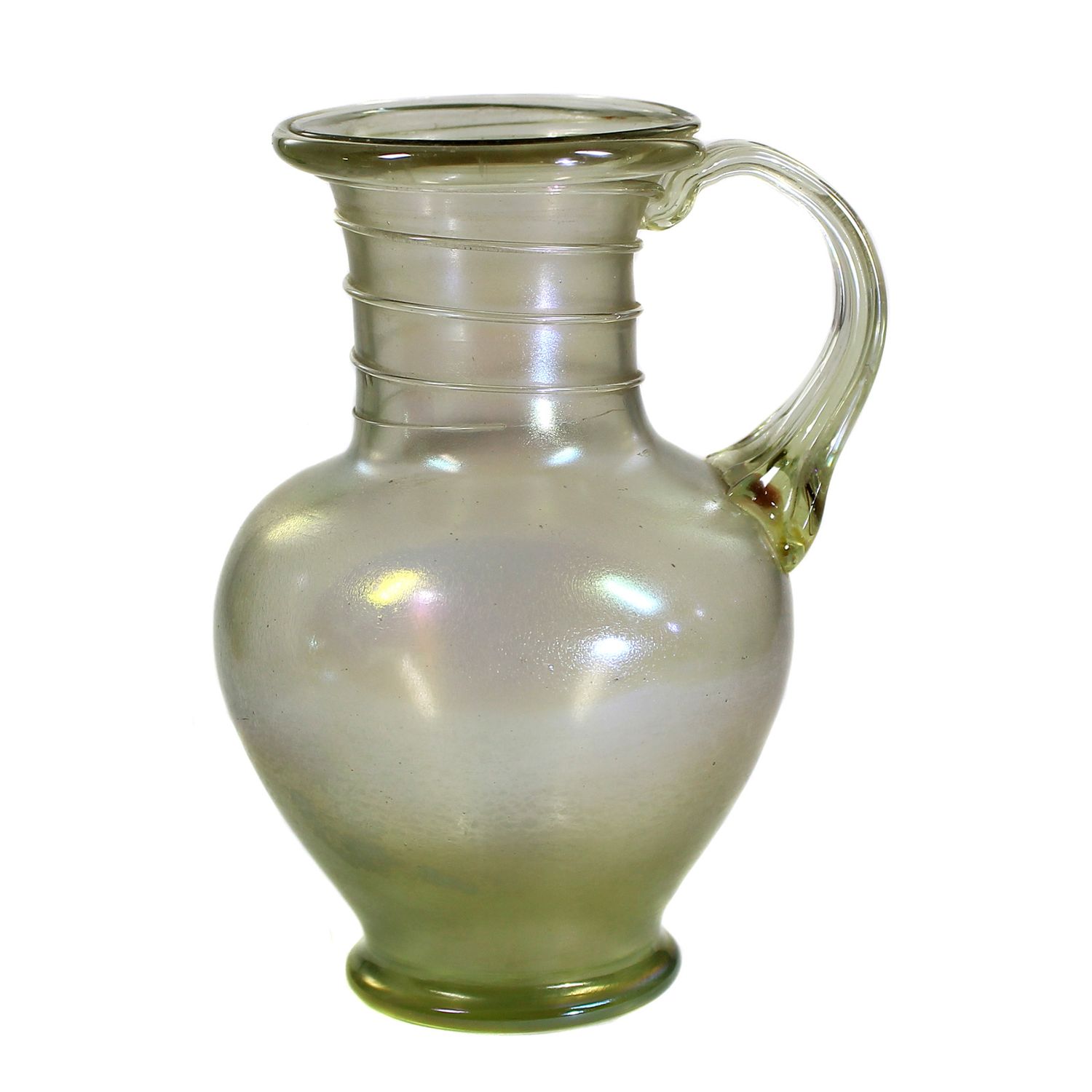 Small handled jug made of green glass with thread decoration, Josephinenhütte circa 1881-1900