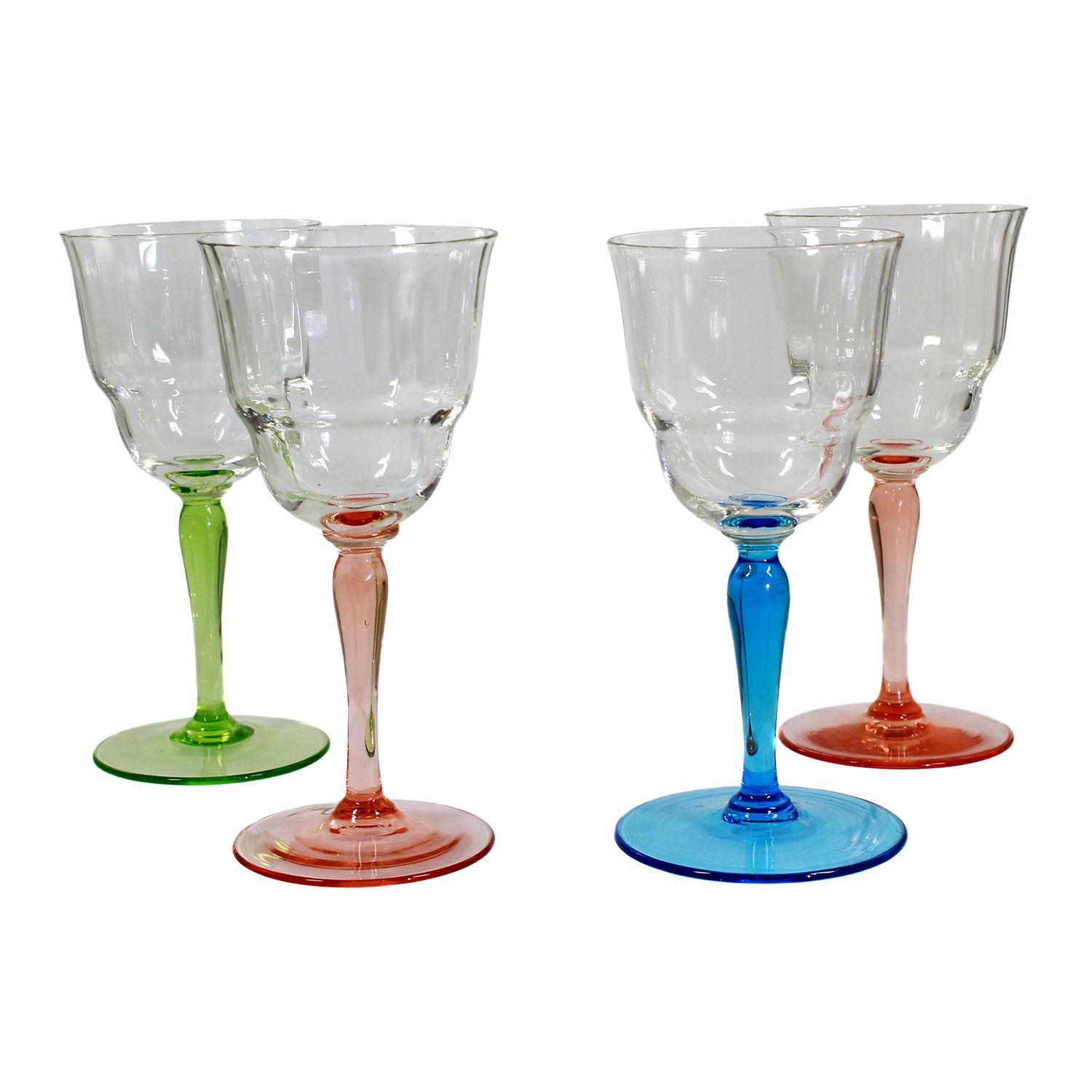 Four Madeira glasses with optically ribbed bowls and colored stems, circa 1910-20