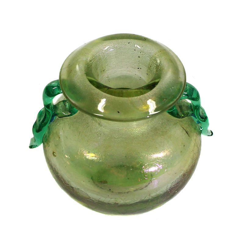 Miniature vase made of green glass with side handles, Josephinenhütte circa 1881-1900