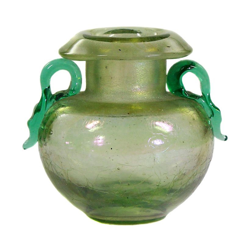 Miniature vase made of green glass with side handles, Josephinenhütte circa 1881-1900
