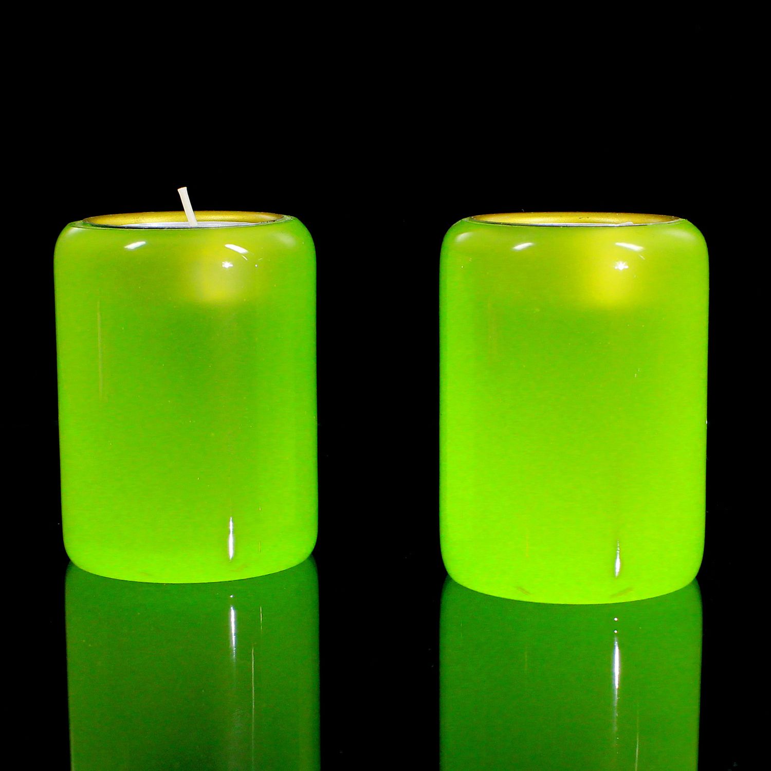 Pair of tea lights in opaque green glass with brass insert, Vetreria Cenedese