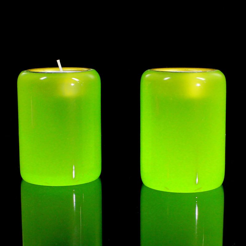Pair of tea lights in opaque green glass with brass insert, Vetreria Cenedese