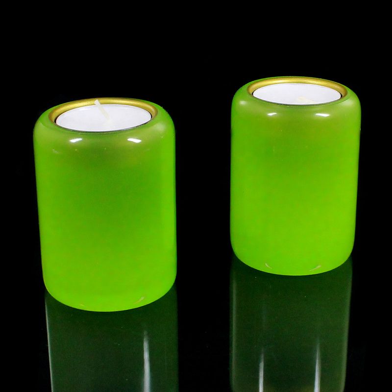 Pair of tea lights in opaque green glass with brass insert, Vetreria Cenedese