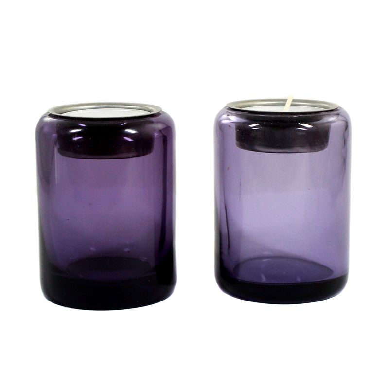 Pair of purple glass tealight holders with metal insert, Vetreria Cenedese