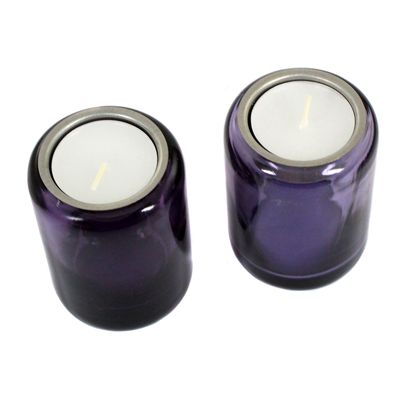 Paar Teelichter aus violetten Glas mit Metalleinsatz, Vetreria Cenedese