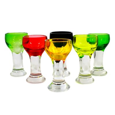 6 Stamper aus dickwandigen Glas, teilweise mit Uranglas-Überfang, um 1910-20