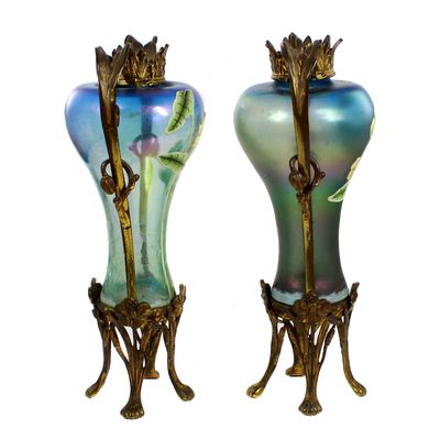 Paar seltene Jugendstil Vasen mit Metallmontur und Emailmalerei, Poschinger