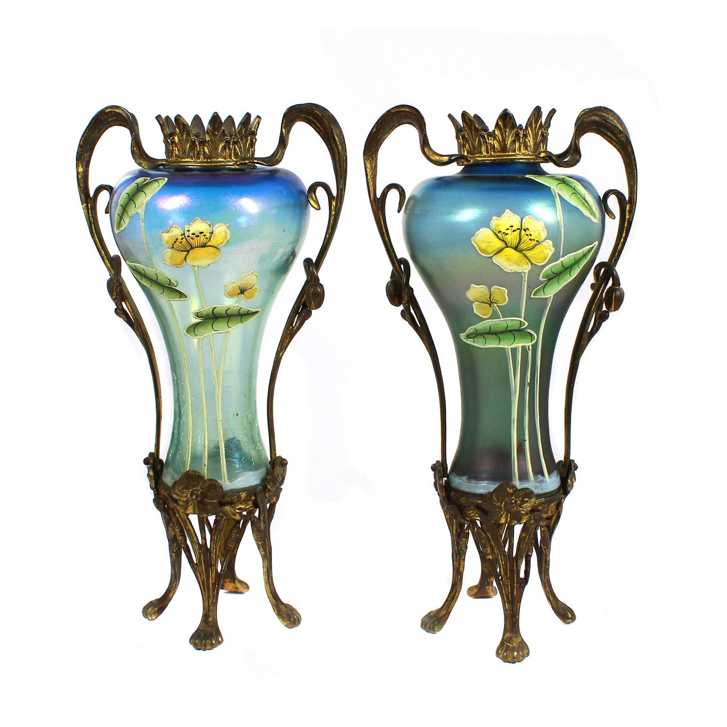 Pair of rare Art Nouveau vases with metal mount and enamel painting, Poschinger