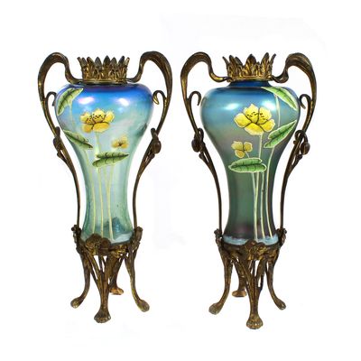 Paar seltene Jugendstil Vasen mit Metallmontur und Emailmalerei, Poschinger