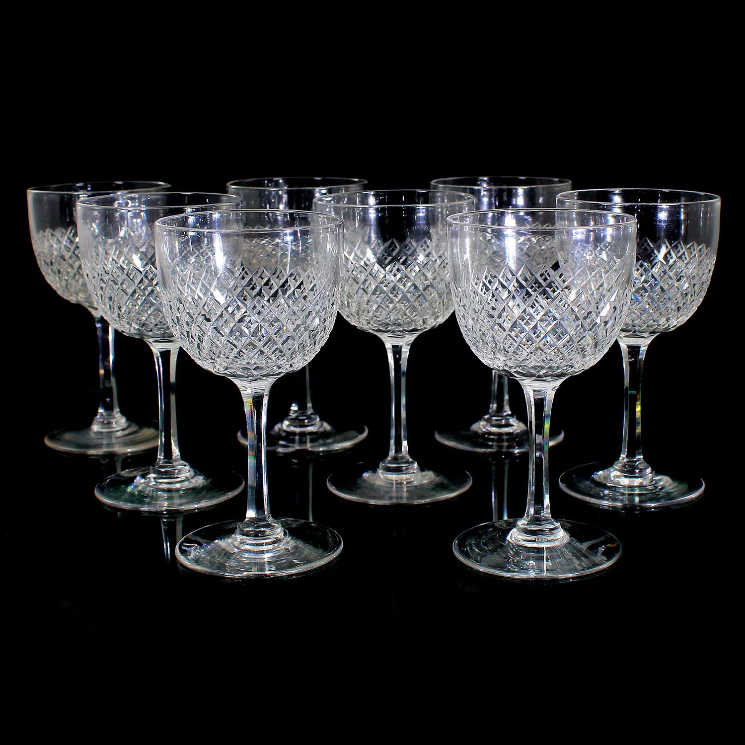 8 southern wine glasses made of colorless crystal glass with wedge-cut decoration, circa 1900-1910