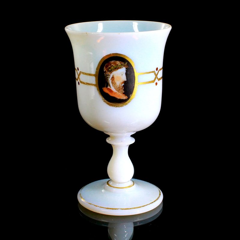 Cup made of opaque white glass with three antique-style portraits, second half of the 19th century.
