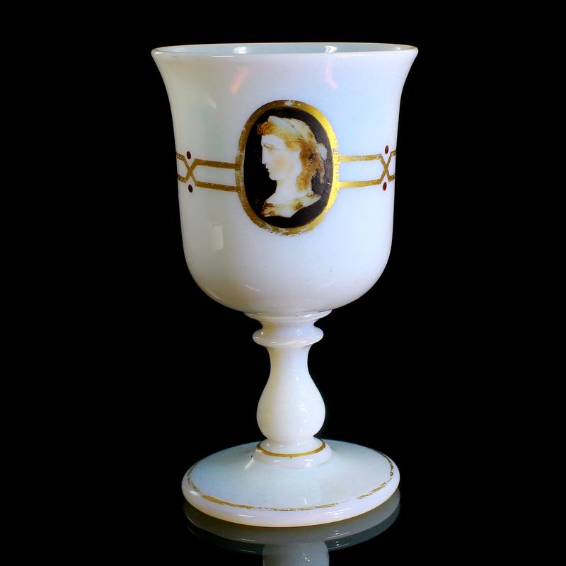 Cup made of opaque white glass with three antique-style portraits, second half of the 19th century.