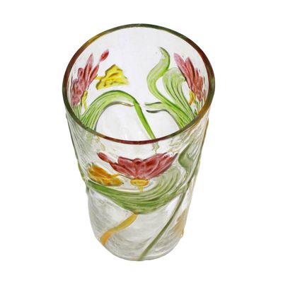 Jugendstil Becher aus farblosem Glas mit geprägten Anemonen-Dekor
