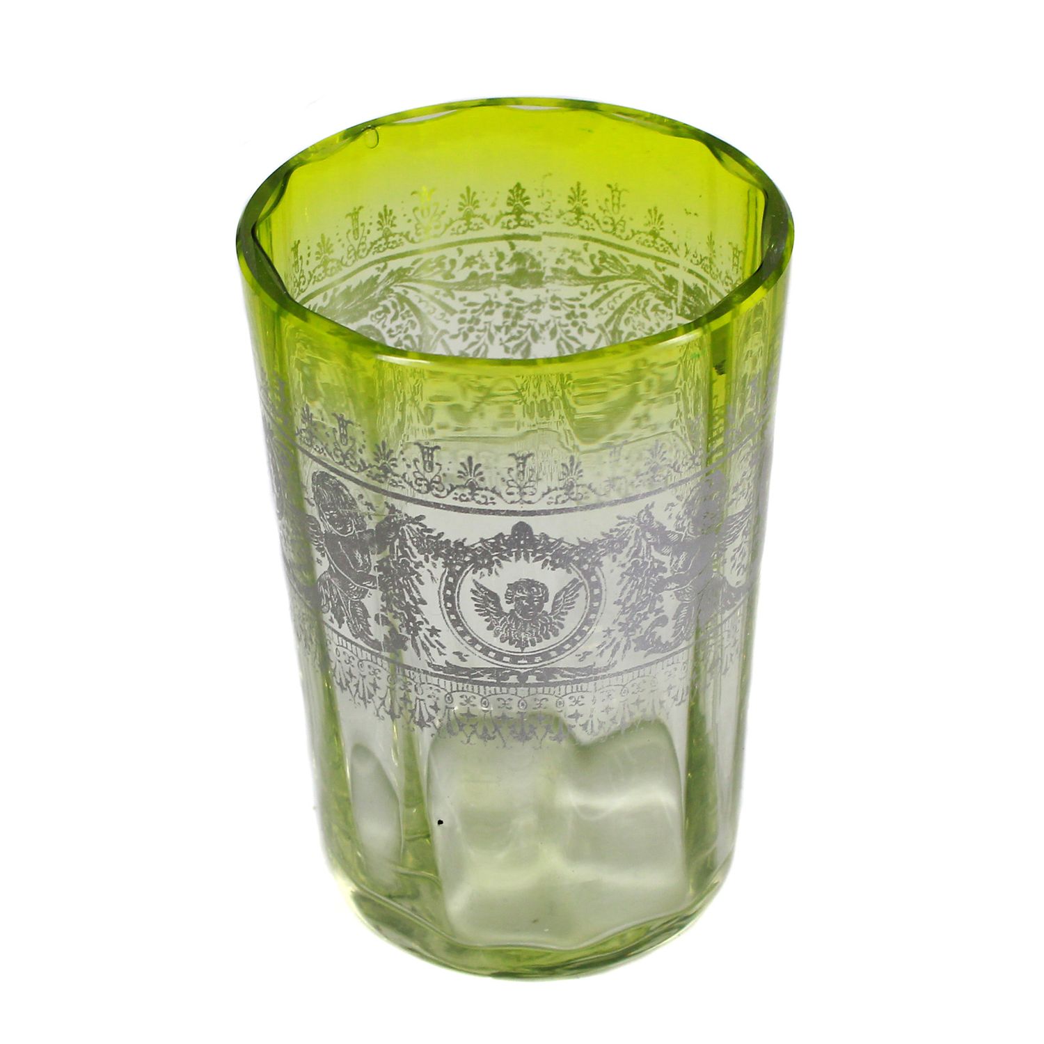 Cup made of colorless glass, gradienting to light green, with chromolithography, circa 1890.