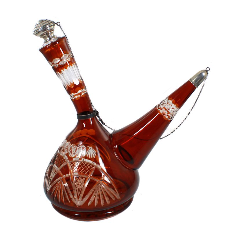 Porron/beak jug with wedge-cut decoration and silver stopper, circa 1920-50.