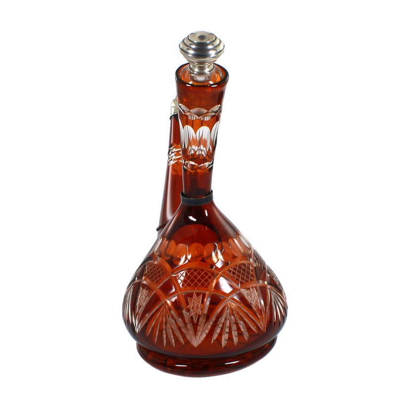 Porron/beak jug with wedge-cut decoration and silver stopper, circa 1920-50.