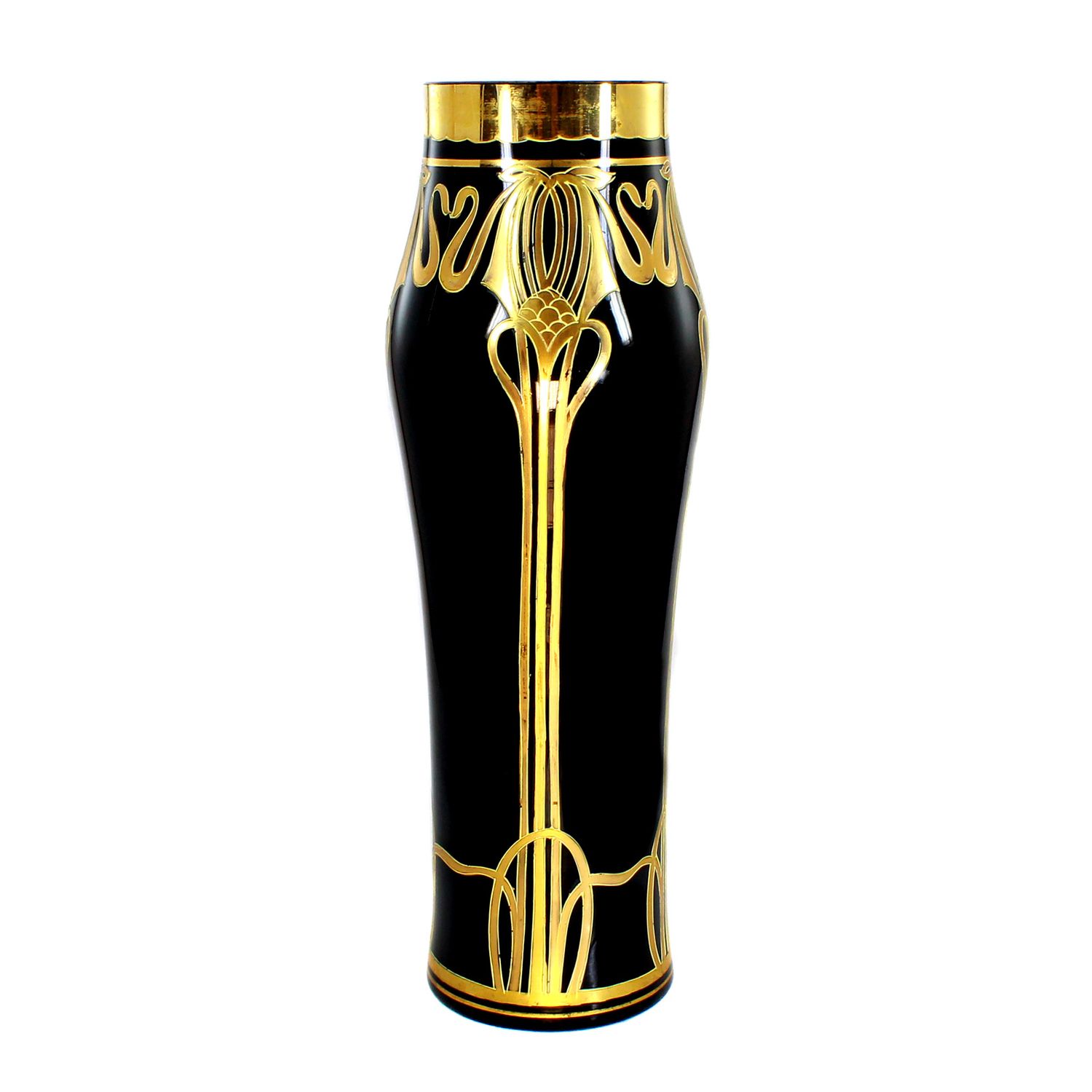 Tall vase made of black-violet glass with Art Nouveau ornamentation, Gebrüder Rachmann.