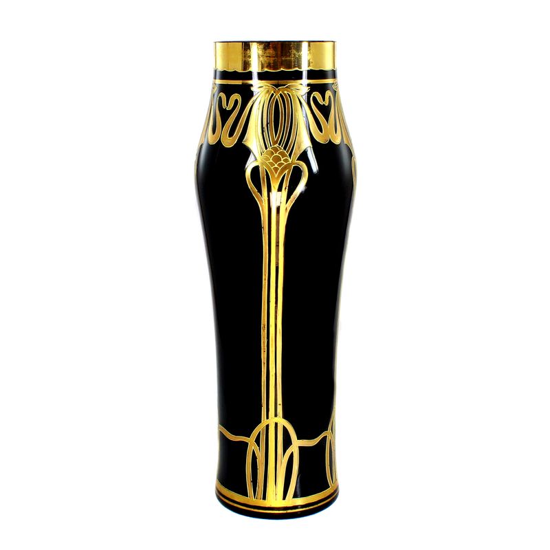 Tall vase made of black-violet glass with Art Nouveau ornamentation, Gebrüder Rachmann.