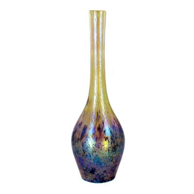 Grosse Vase aus opakgelben Glas mit violetten Kröselaufschmelzungen, Fritz Heckert
