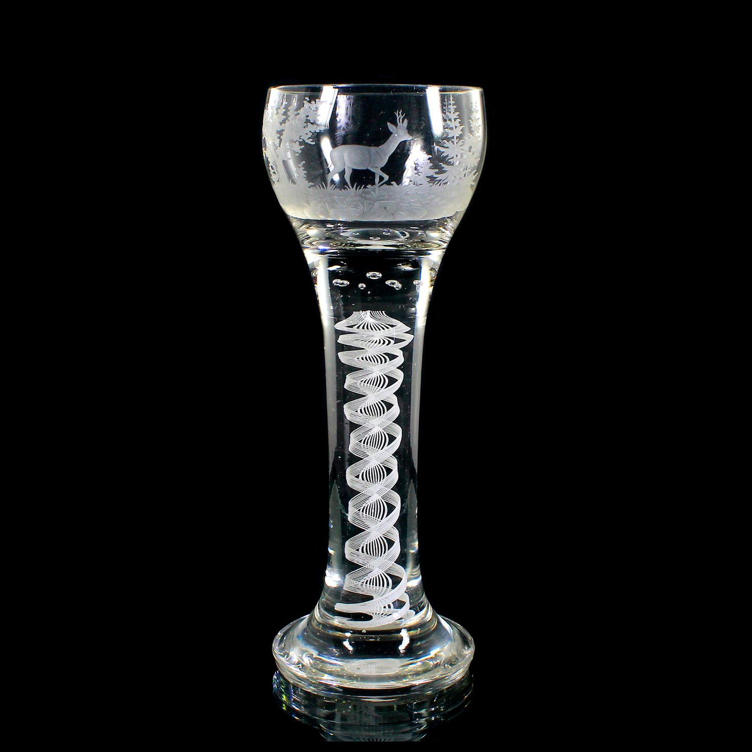 Glass goblet with lace filigree and hunting engraving, Josephinenhütte circa 1910
