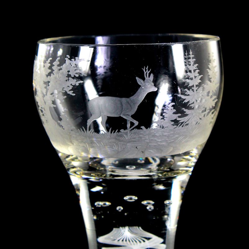 Glass goblet with lace filigree and hunting engraving, Josephinenhütte circa 1910