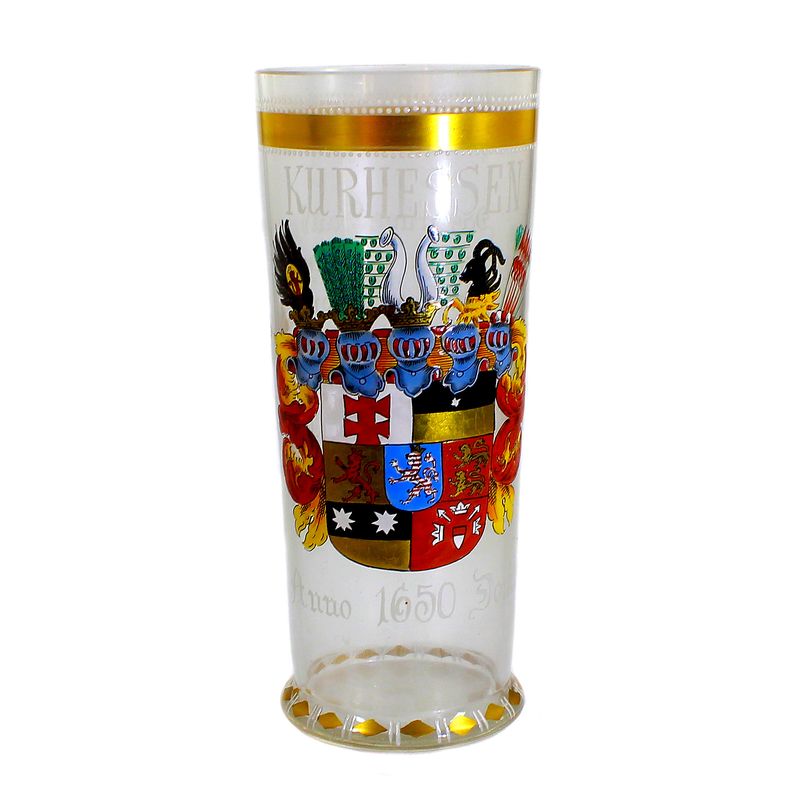 Glass jar with lid and coat of arms of Kurhessen in polychrome enamel painting, Heckert