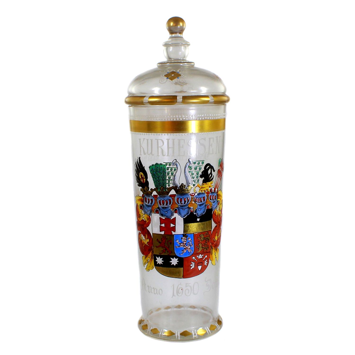 Glass jar with lid and coat of arms of Kurhessen in polychrome enamel painting, Heckert