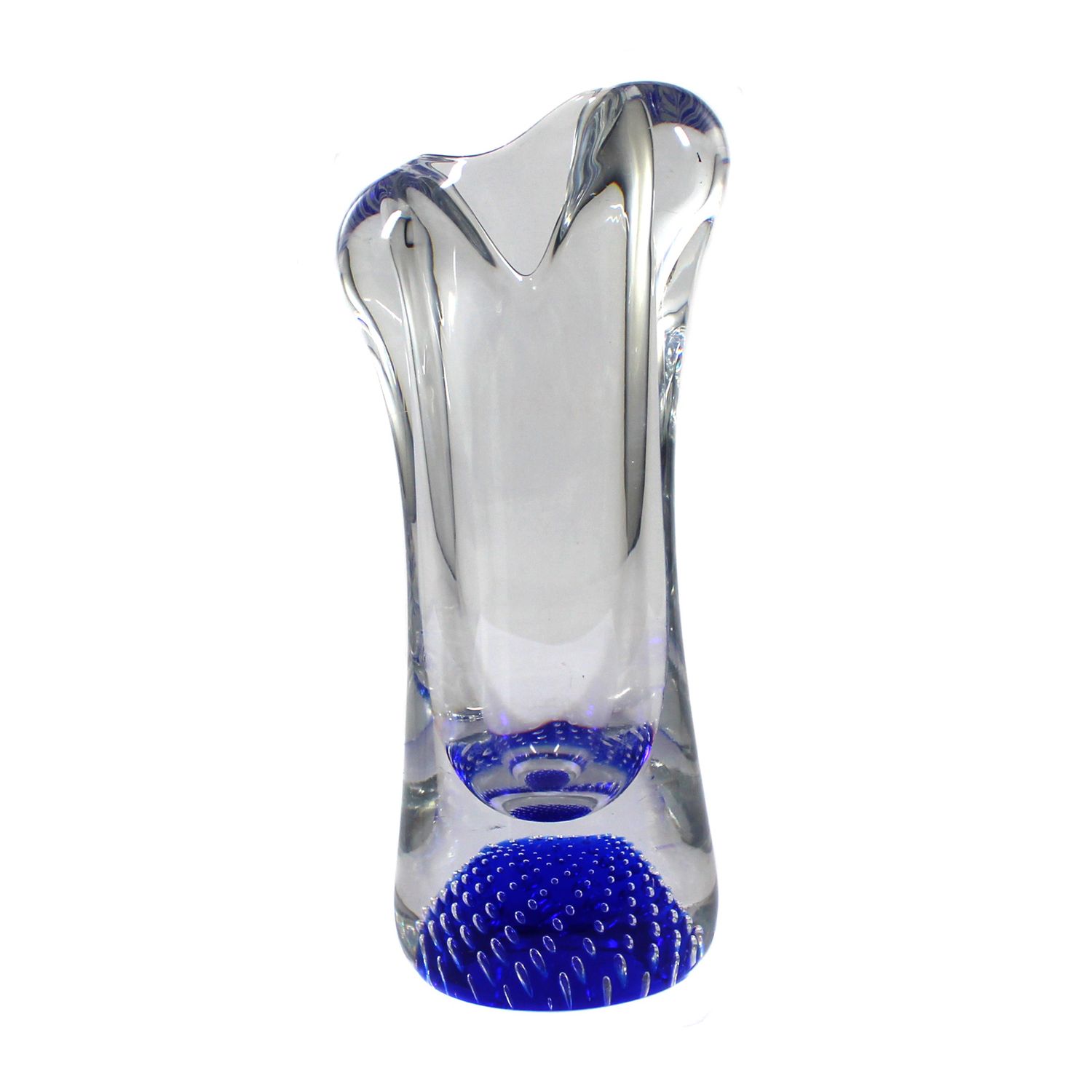 Vase with dark blue base and air bubbles, signed Webb, England.