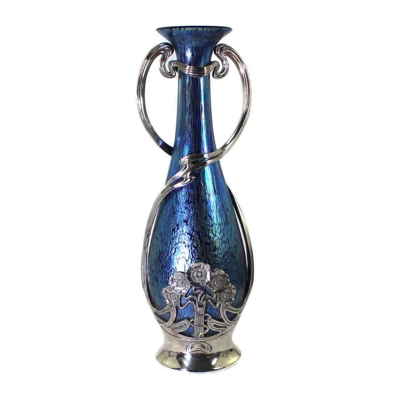 Large vase with cobalt Papillon decoration and metal mount, Loetz circa 1901